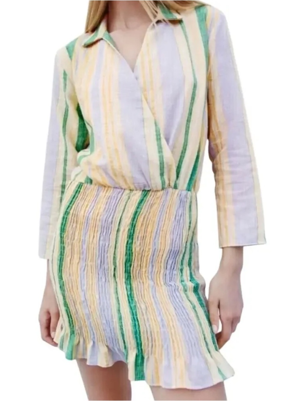 Zara The Valery Pastel Striped Smocked Long Sleeve Mini Dress